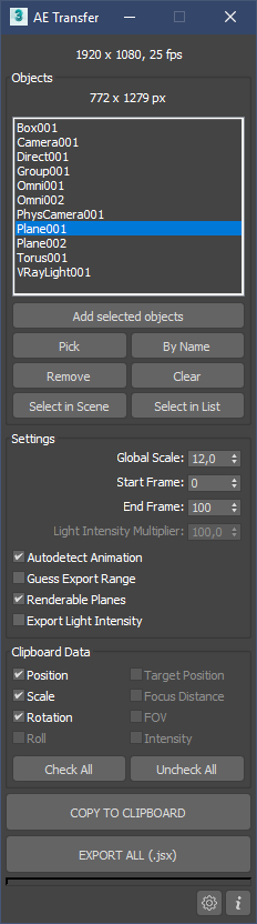 3ds Max导出摄像机动画到AE插件-AE Transfer 1.82