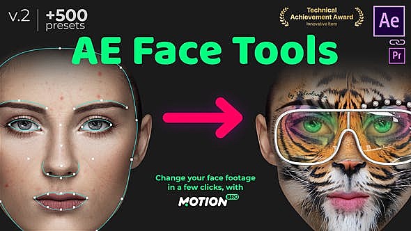 AE脚本Face Tools V2(更新)人脸面部跟踪合成换脸表情美颜变形美容滤镜特效插件预设